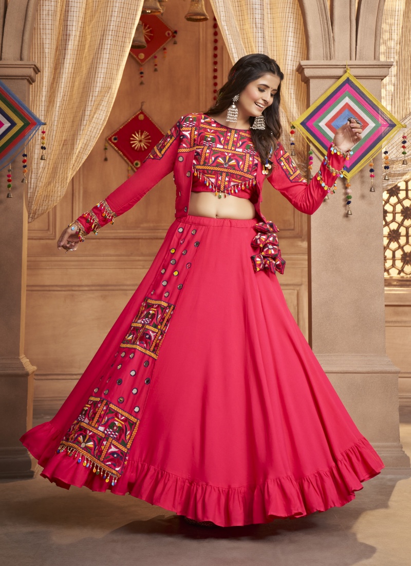 Rani Pink Viscose Rayon Embroidery Navratri Lehenga Choli Rani Pink Viscose Rayon Embroidery Navratri Lehenga Choli