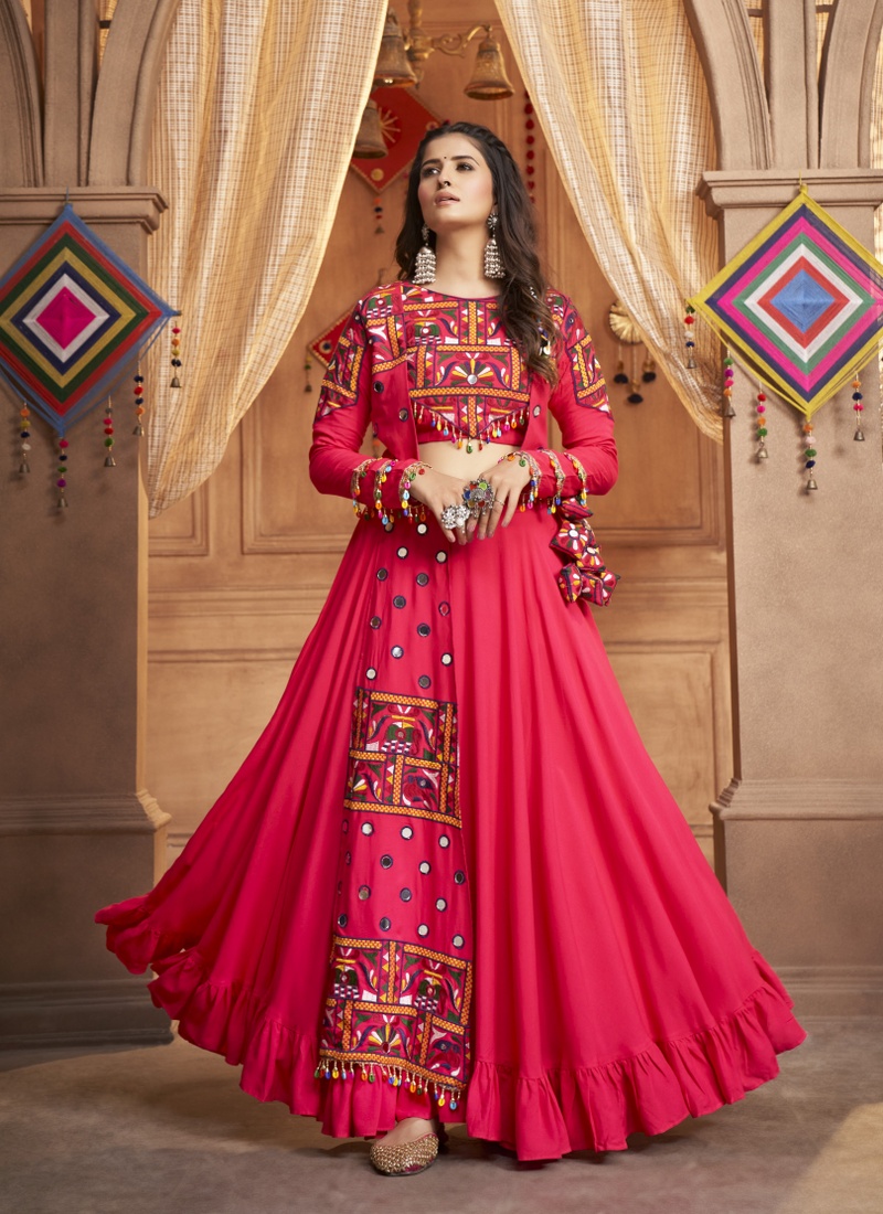 Rani Pink Viscose Rayon Embroidery Navratri Lehenga Choli Rani Pink Viscose Rayon Embroidery Navratri Lehenga Choli