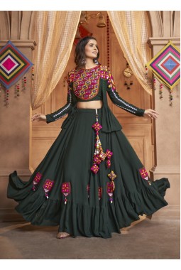 Green Viscose Rayon Embroidery Navratri Lehenga Choli