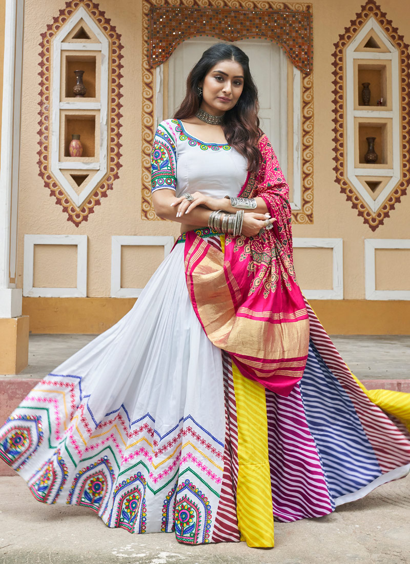 White Maslin Cotton Print With Embroidery Navratri Chaniya Choli