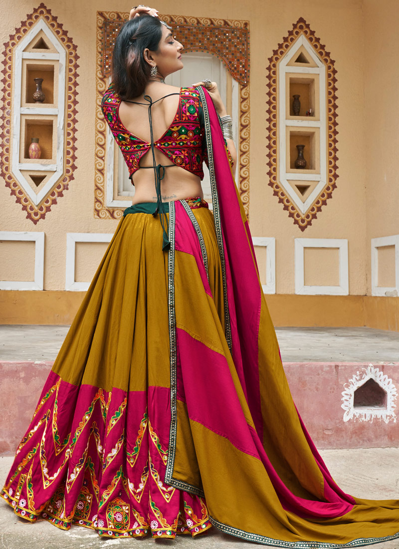 Mustard Yellow Viscose Rayon Embroidery With Mirror Work Navratri Chaniya Choli