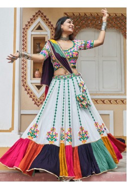 White Viscose Rayon Embroidery With Mirror Work Navratri Chaniya Choli