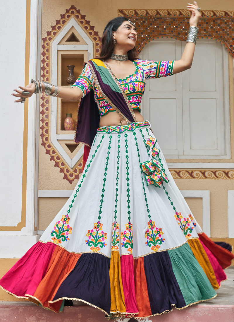 White Viscose Rayon Embroidery With Mirror Work Navratri Chaniya Choli