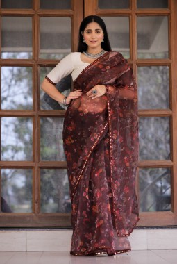Maroon Organza Digital Print Designer Wedding Saree