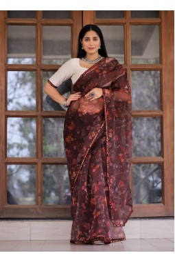 Maroon Organza Digital Print Designer Wedding Saree