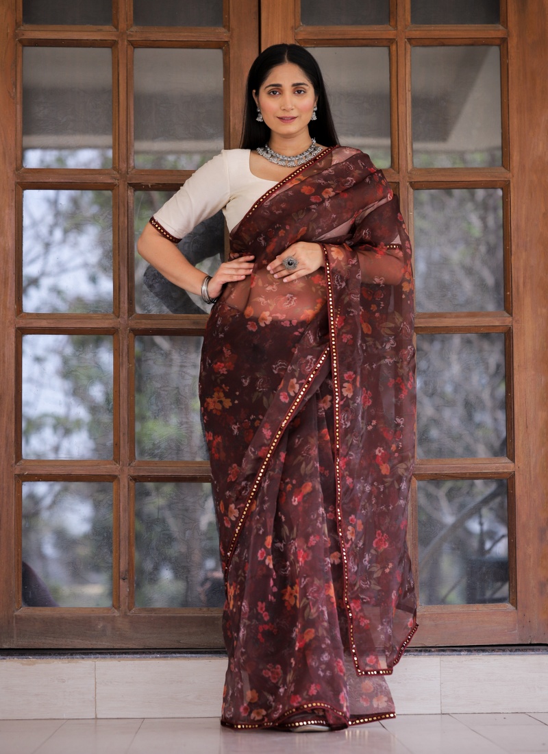 Maroon Organza Digital Print Designer Wedding Saree