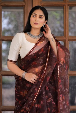 Maroon Organza Digital Print Designer Wedding Saree