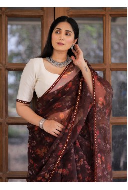 Maroon Organza Digital Print Designer Wedding Saree