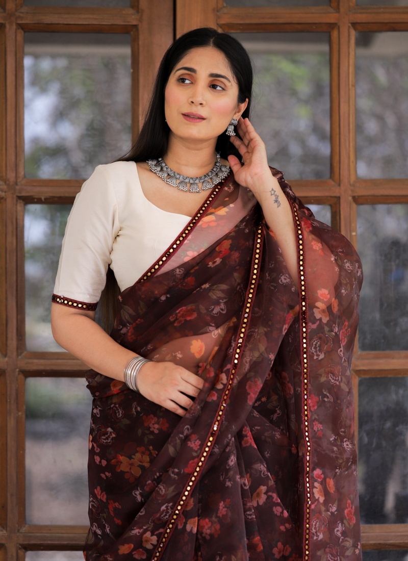 Maroon Organza Digital Print Designer Wedding Saree