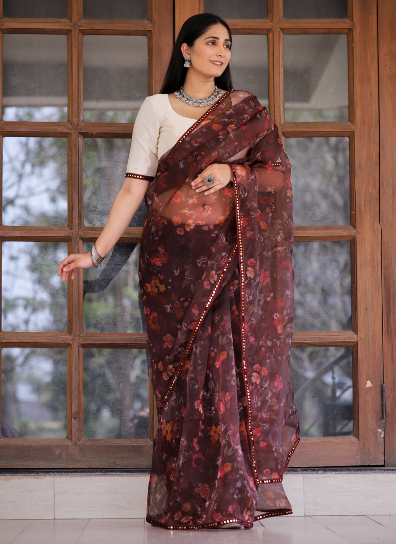 Maroon Organza Digital Print Designer Wedding Saree