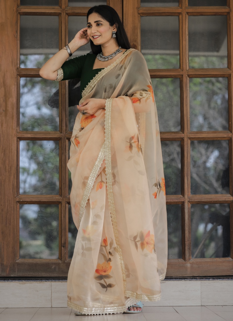 Yellow Organza Digital Print Designer Wedding Saree