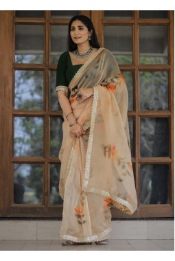 Yellow Organza Digital Print Designer Wedding Saree