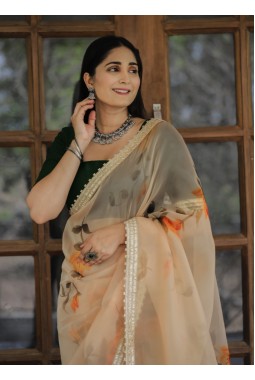 Yellow Organza Digital Print Designer Wedding Saree