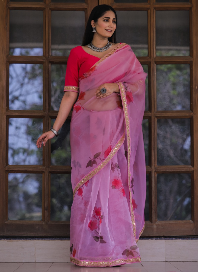 Pink Organza Lace Work Designer Wedding Saree