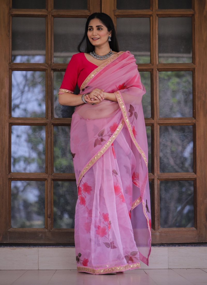 Pink Organza Lace Work Designer Wedding Saree