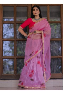 Pink Organza Lace Work Designer Wedding Saree