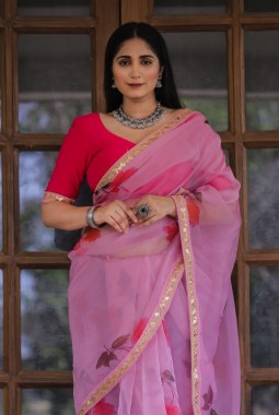 Pink Organza Lace Work Designer Wedding Saree