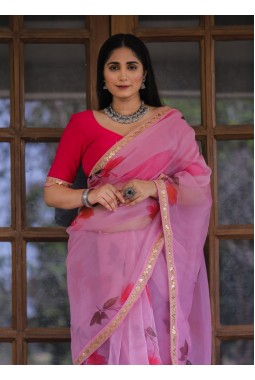 Pink Organza Lace Work Designer Wedding Saree