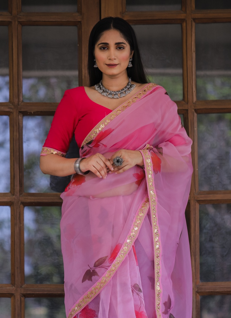 Pink Organza Lace Work Designer Wedding Saree