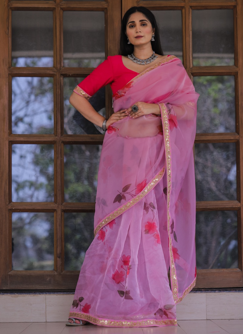 Pink Organza Lace Work Designer Wedding Saree