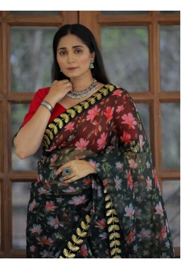 Green Organza Digital Print Designer Wedding Saree