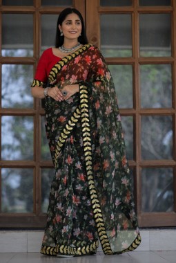 Green Organza Digital Print Designer Wedding Saree