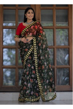 Green Organza Digital Print Designer Wedding Saree