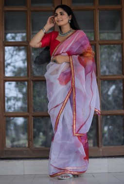 White And Pink Organza Lace Work Designer Wedding Saree