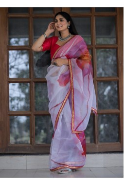 White And Pink Organza Lace Work Designer Wedding Saree