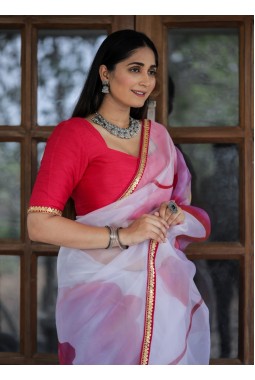 White And Pink Organza Lace Work Designer Wedding Saree