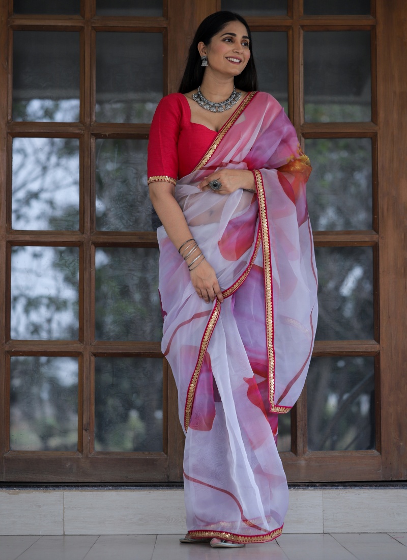 White And Pink Organza Lace Work Designer Wedding Saree