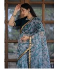 Off White And Grey Organza Digital Print Designer Wedding Saree