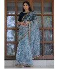 Off White And Grey Organza Digital Print Designer Wedding Saree