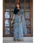 Off White And Grey Organza Digital Print Designer Wedding Saree