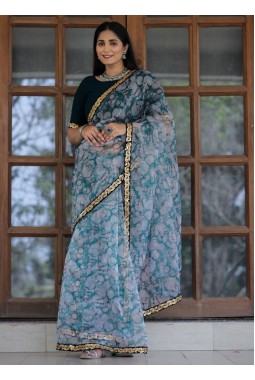 Off White And Grey Organza Digital Print Designer Wedding Saree