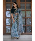 Off White And Grey Organza Digital Print Designer Wedding Saree