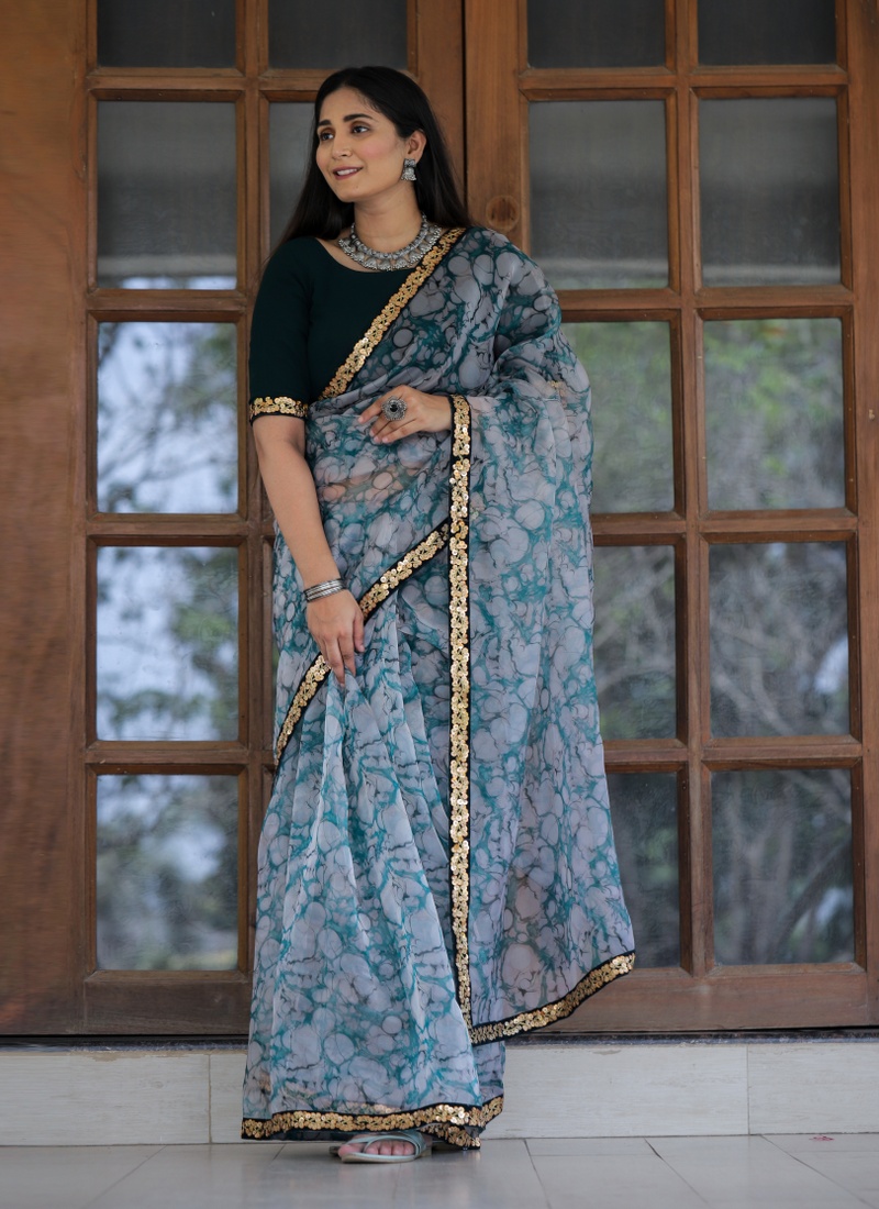 Off White And Grey Organza Digital Print Designer Wedding Saree