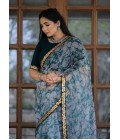 Off White And Grey Organza Digital Print Designer Wedding Saree