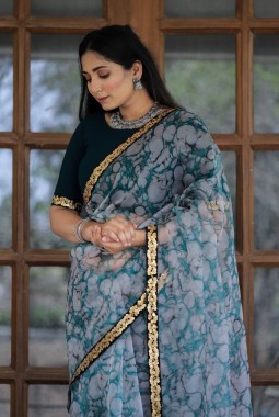 Off White And Grey Organza Digital Print Designer Wedding Saree