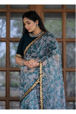 Off White And Grey Organza Digital Print Designer Wedding Saree