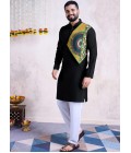 Black Reyon Embroidered Mirror Work Navratri Mens Kurta With Bottom