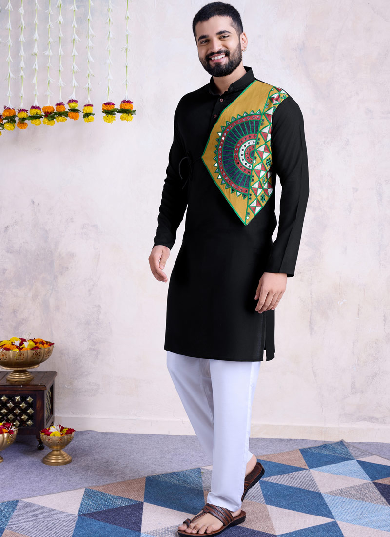 Black Reyon Embroidered Mirror Work Navratri Mens Kurta With Bottom