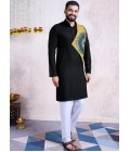 Black Reyon Embroidered Mirror Work Navratri Mens Kurta With Bottom