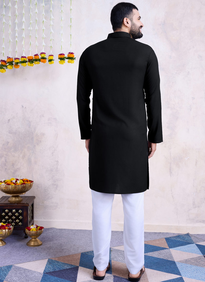 Black Reyon Embroidered Mirror Work Navratri Mens Kurta With Bottom