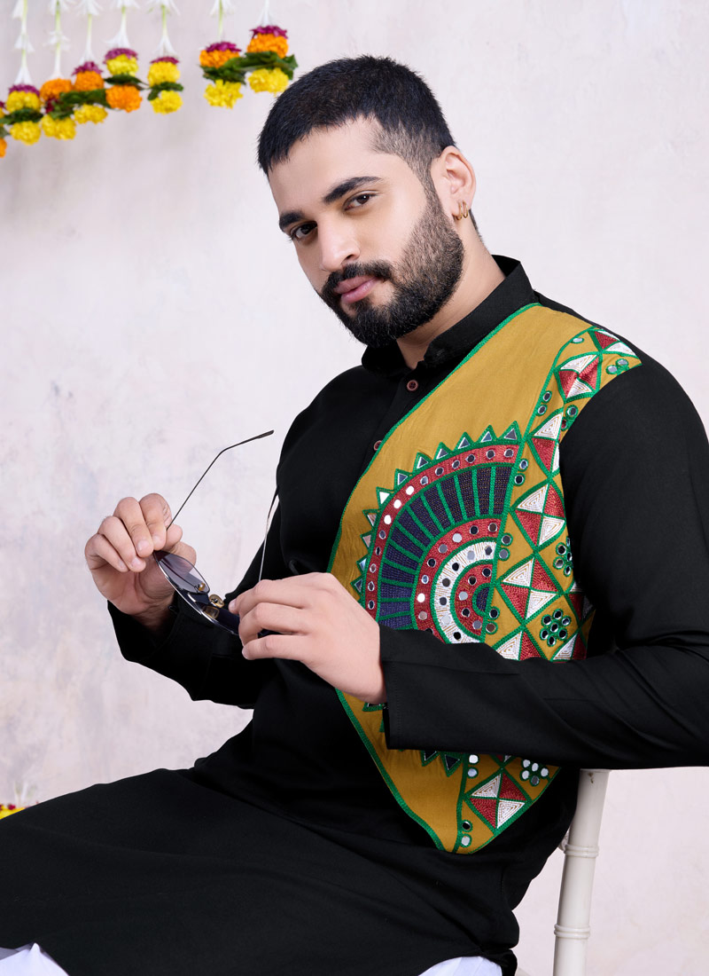 Black Reyon Embroidered Mirror Work Navratri Mens Kurta With Bottom