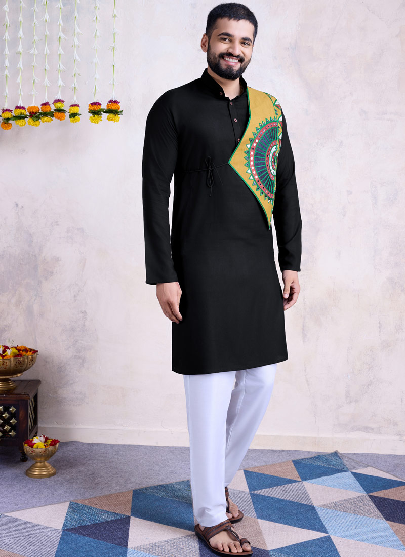 Black Reyon Embroidered Mirror Work Navratri Mens Kurta With Bottom