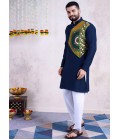 Navy Blue Rayon Mirror Work Navratri Mens Kurta With Bottom 