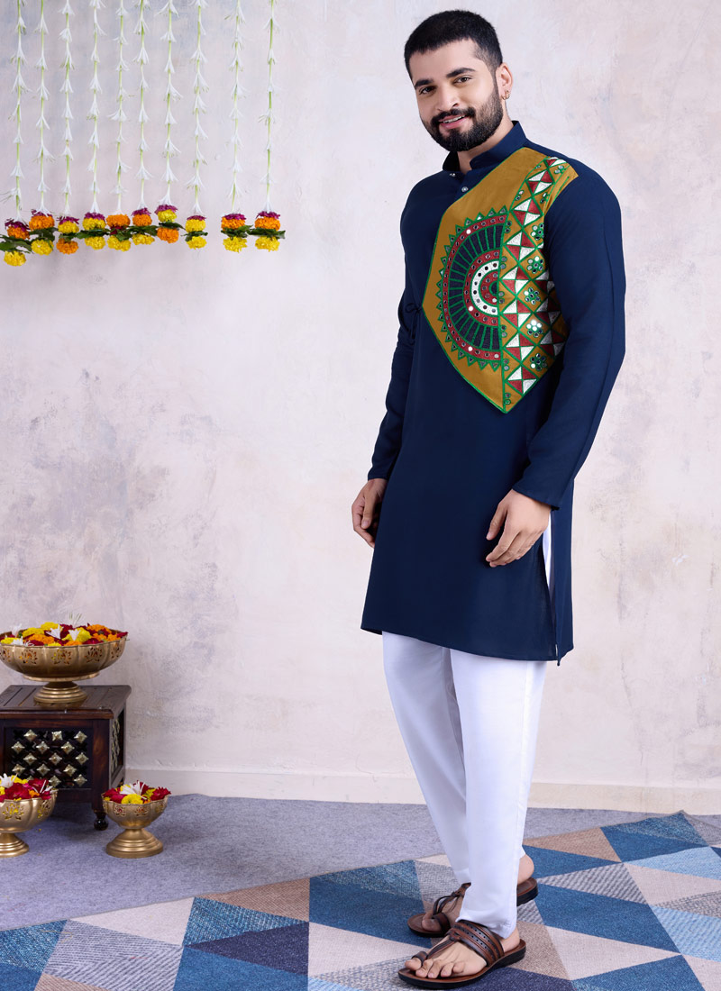 Navy Blue Rayon Mirror Work Navratri Mens Kurta With Bottom 