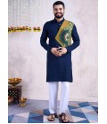 Navy Blue Rayon Mirror Work Navratri Mens Kurta With Bottom 