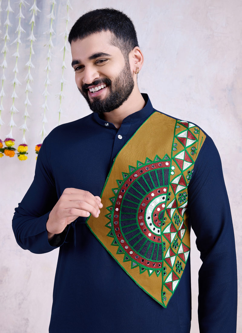 Navy Blue Rayon Mirror Work Navratri Mens Kurta With Bottom 